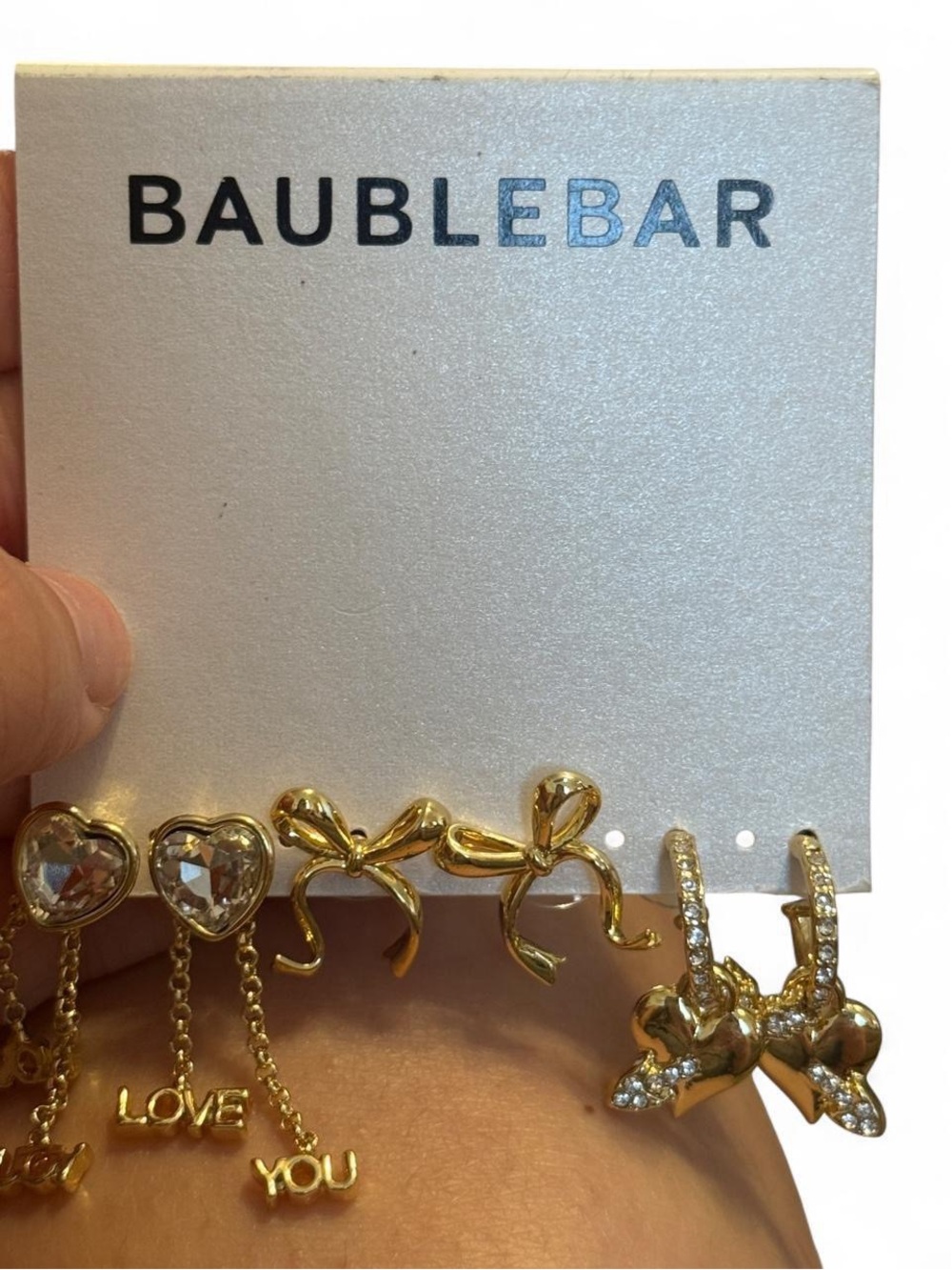 BaubleBar Gold Heart Bow Love You Drop Huggie Earring Set 3 Pack Coquette
